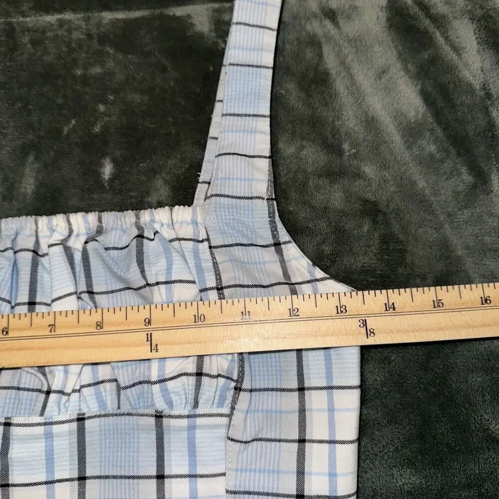 Forever 21 Crop Top Women's Small Blue Plaid Square Neck Smock Back Cottagecore - Picture 5 of 7